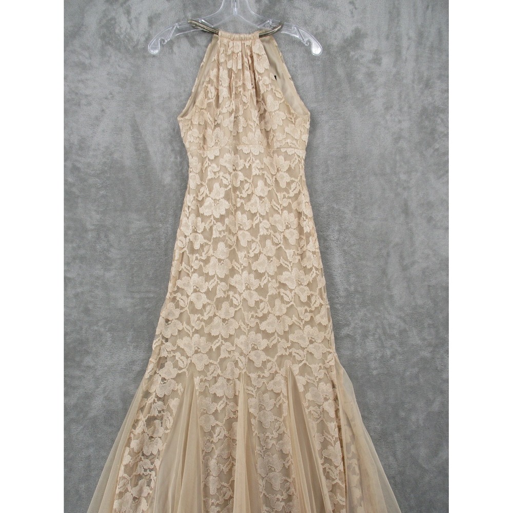 Xscape Dress Womens 4 Sheer Floral  Lace Trumpet Gown Feminine Wedding Lined Tan - Picture 2 of 14
